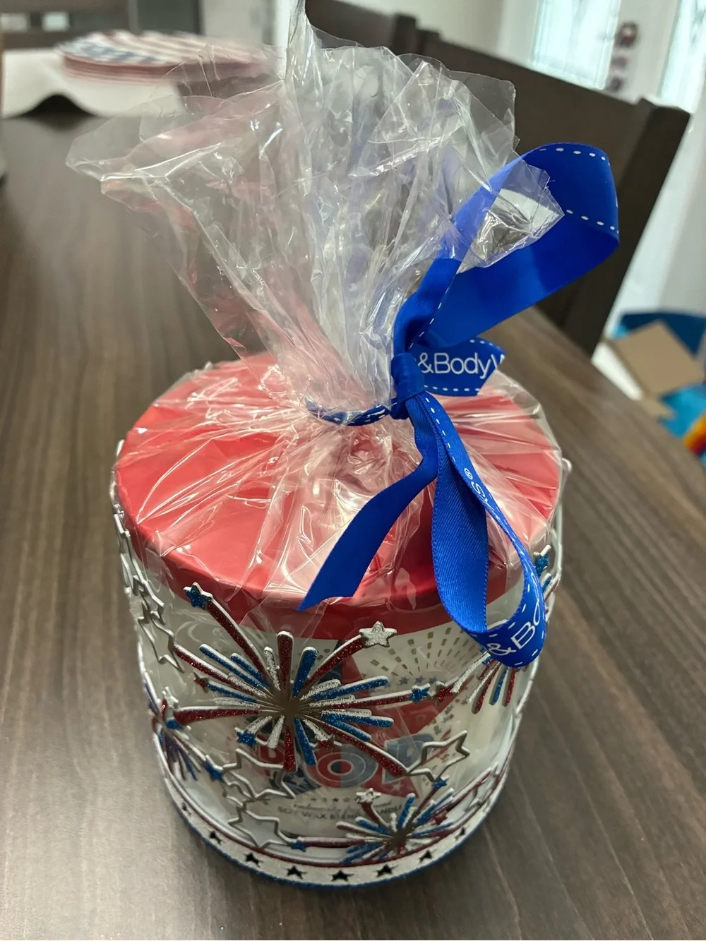 Bath & Body Works Red, Blue & Silver Patriotic Fireworks Candle and holder